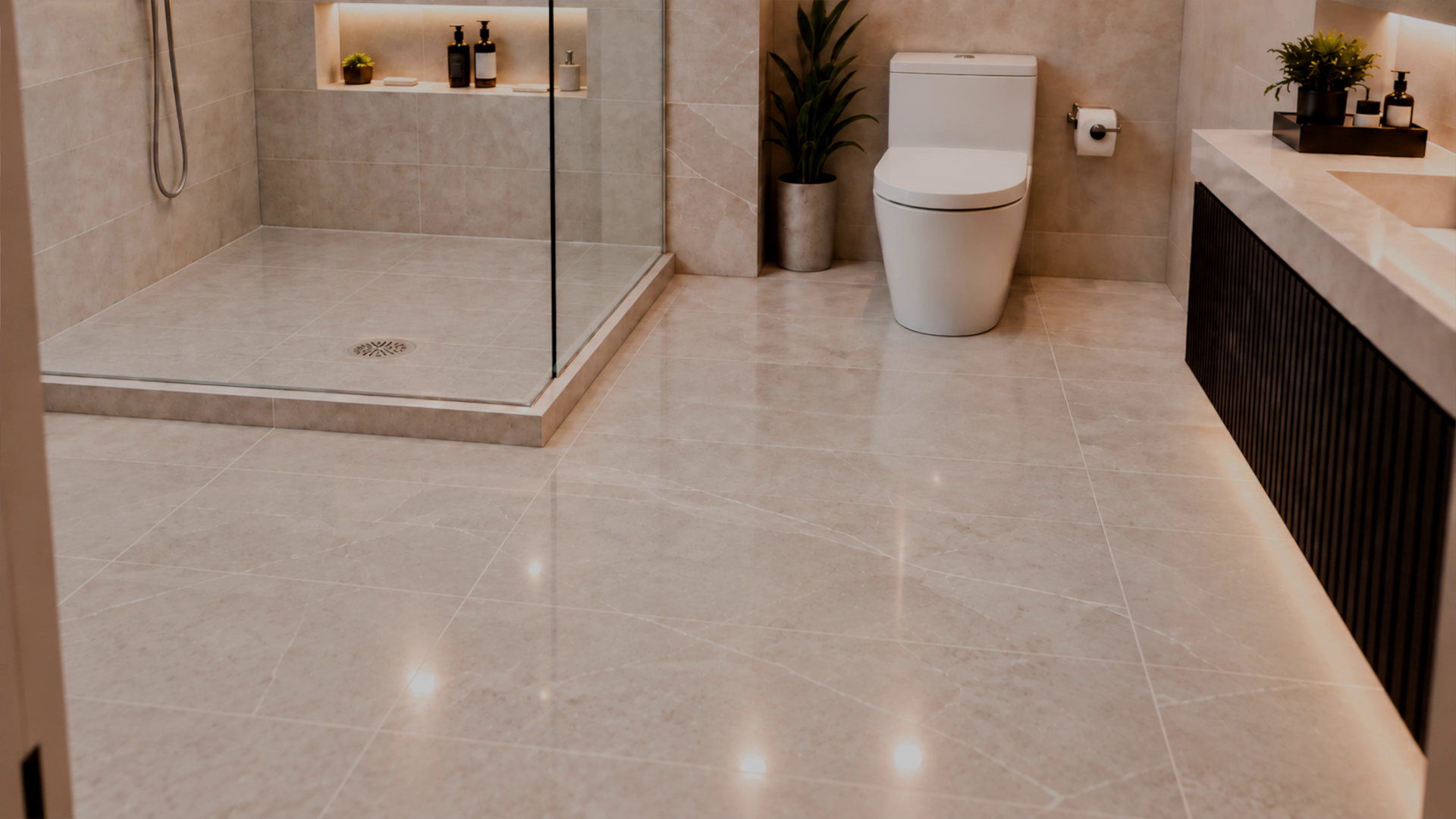 A tiled bathroom showing how a blocked shower drain is cleared beneath the floor.