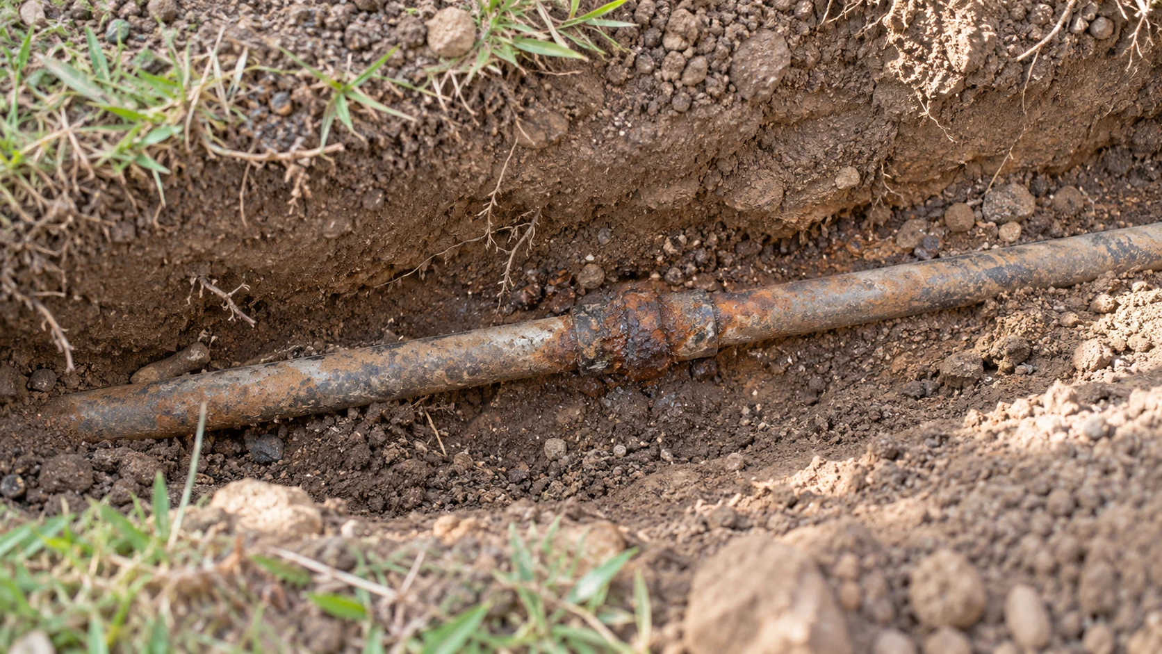 Corroded gas supply pipe exposed in an excavated trench